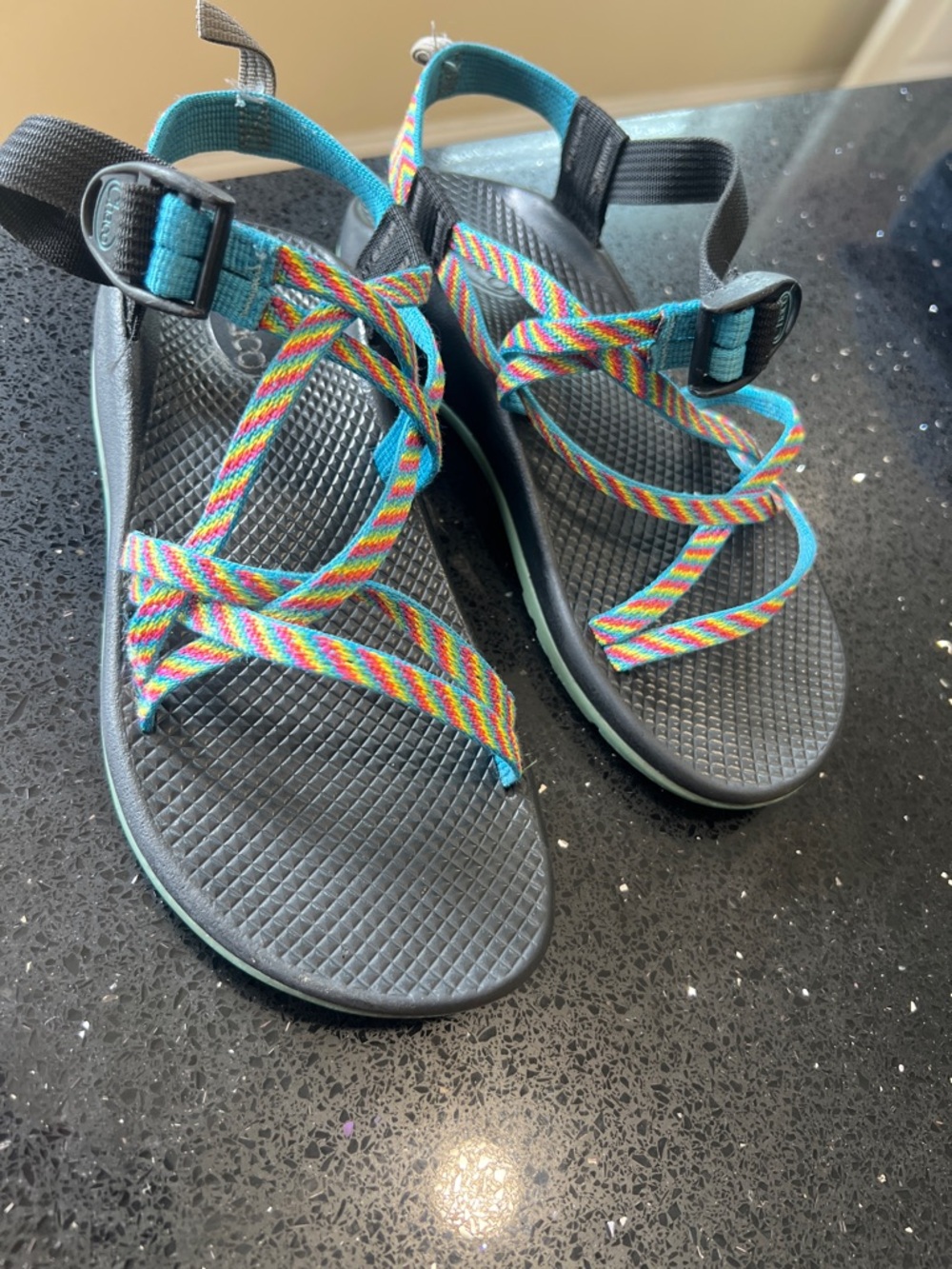 Chaco Women's Multicolor Rainbow Strap Black Footbed Sandals